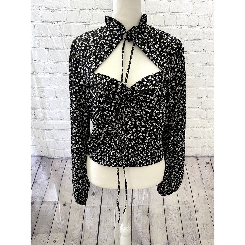 See The Shades Floral Cutout Mock Neck Tie Front Smocked Top Black White Large